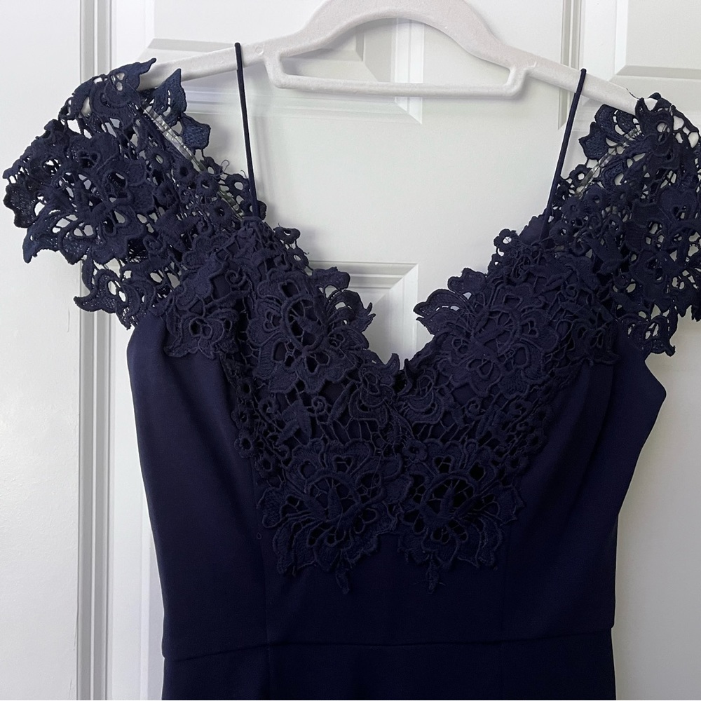 Navy blue full length dress with slit